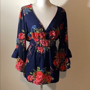 Betsy Johnson XL Navy floral fit and flare top